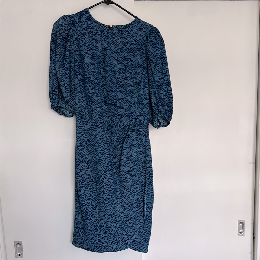 Blue Sheath Dress with Puff Sleeves and Crew Neck